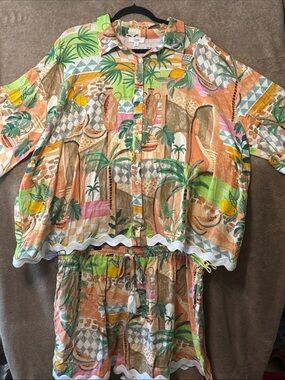 Oddi Los Angeles Tropical Button-Up Shirt and short set Peach & Green. NWT